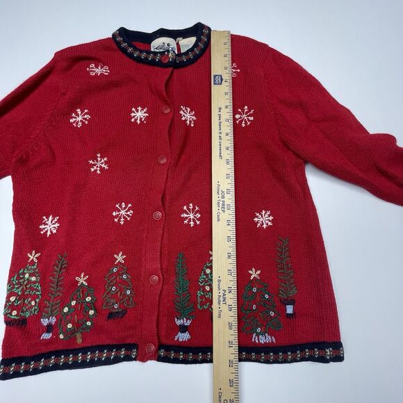 Northern Reflections Cardigan Sweater Red Christmas Trees Snowflake Women's Sz M - Picture 9 of 10